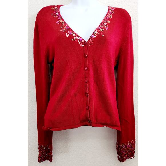 VTG Bloomingdale's Red Beaded V Neck And Sleeves Cardigan Sweater Small Soft - Picture 1 of 6
